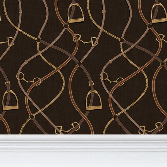 Foxcroft Equestrian Wallpaper in Auburn Brown and Gold