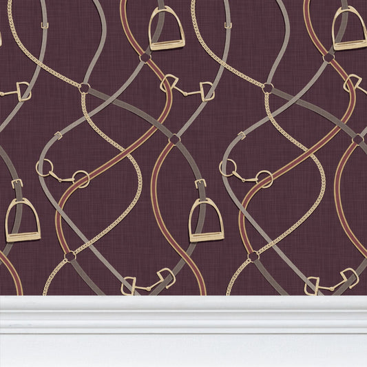 Foxcroft Equestrian Wallpaper in Aubergine and Gold