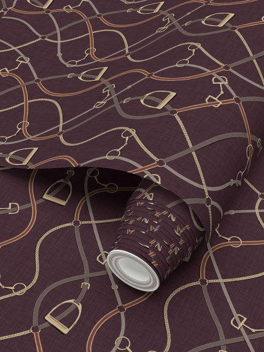 Foxcroft Equestrian Wallpaper in Aubergine and Gold