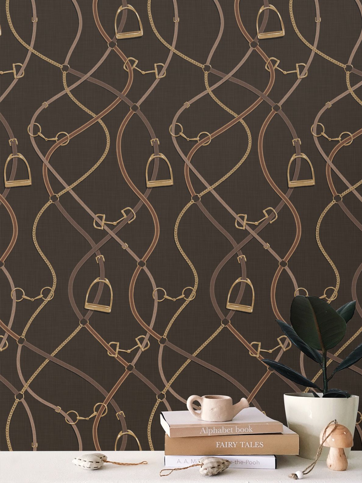 Foxcroft Equestrian Wallpaper in Auburn Brown and Gold