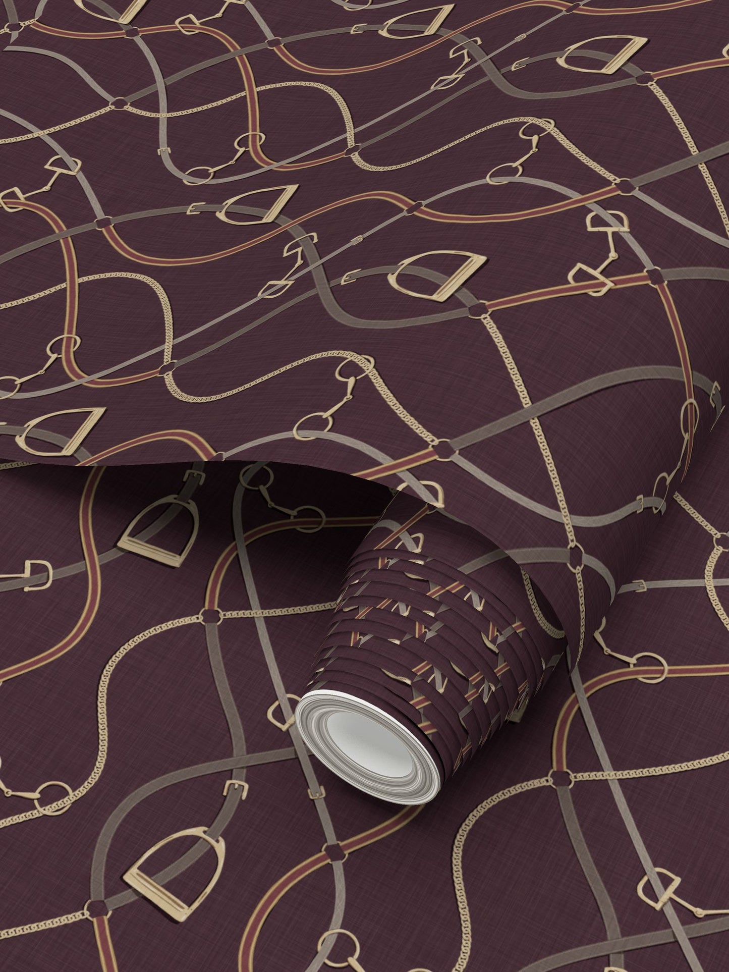 Foxcroft Equestrian Wallpaper in Aubergine and Gold