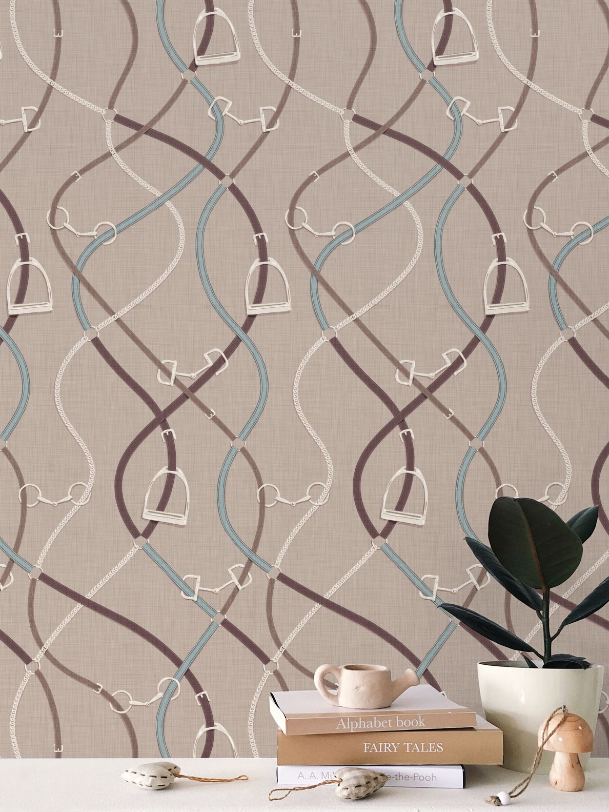 Foxcroft Equestrian Wallpaper in Taupe and Mahogany