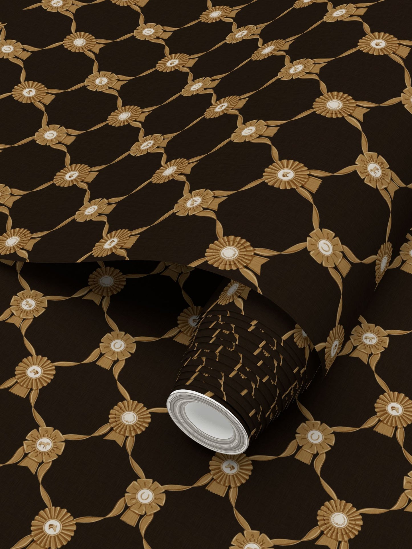 Wallpaper – Rosette Horse Show Ribbons in Espresso and Gold
