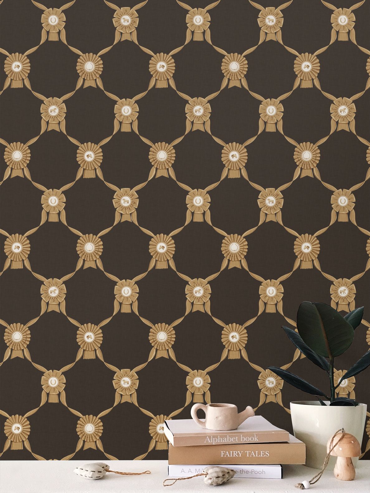 Wallpaper – Rosette Horse Show Ribbons in Espresso and Gold