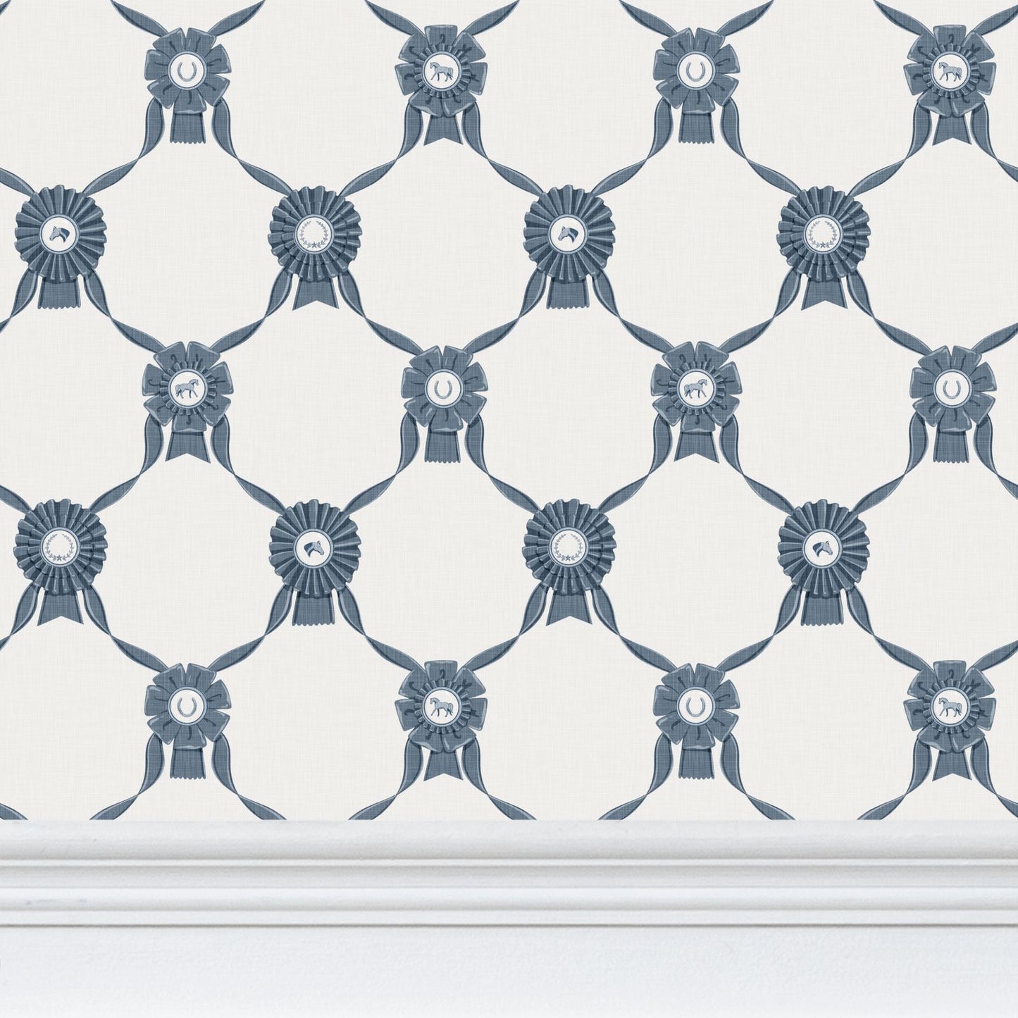 Wallpaper – Rosette Horse Show Ribbons in Chinoiserie Blue and White