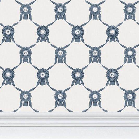 Wallpaper – Rosette Horse Show Ribbons in Chinoiserie Blue and White