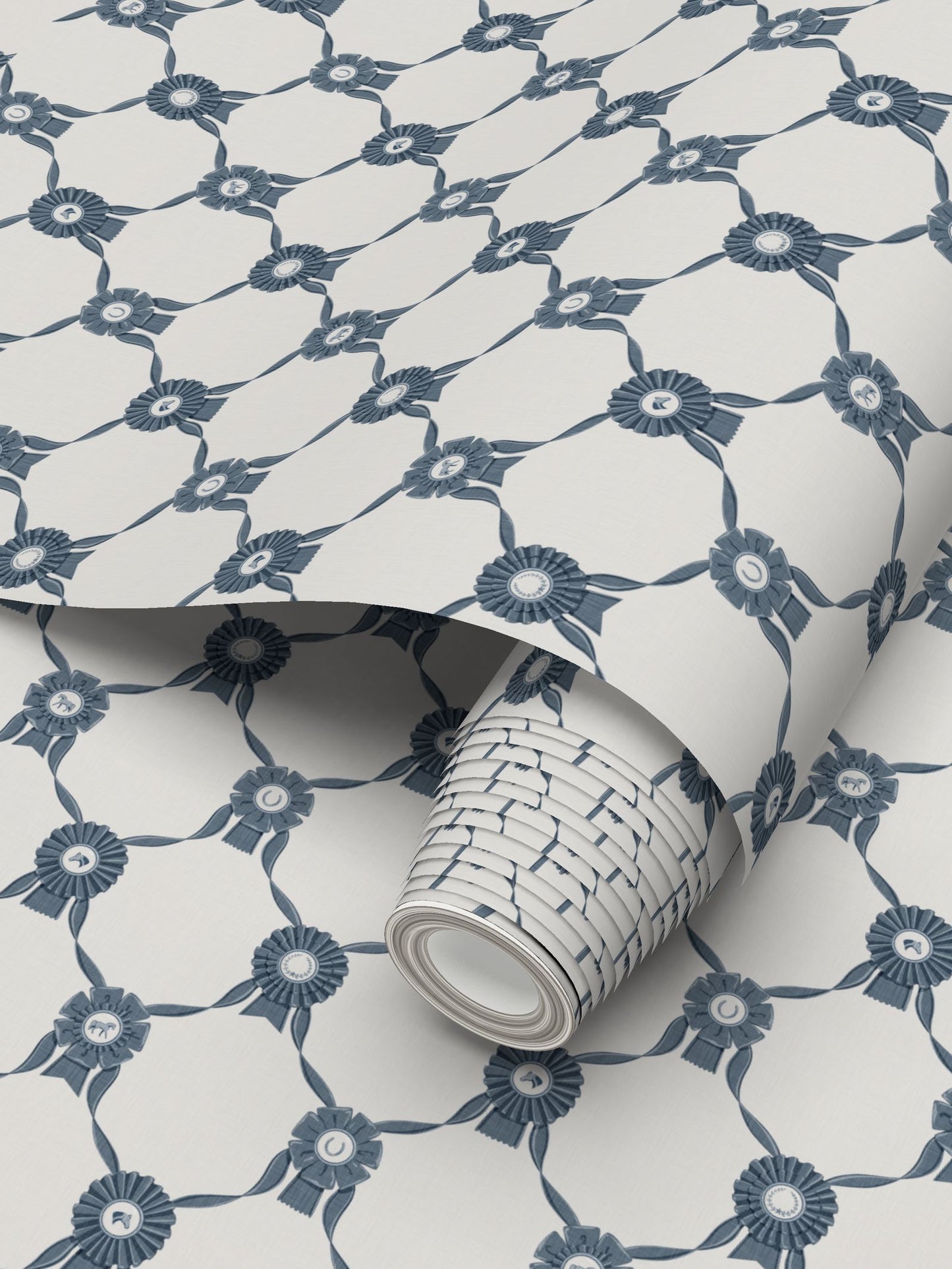 Wallpaper – Rosette Horse Show Ribbons in Chinoiserie Blue and White