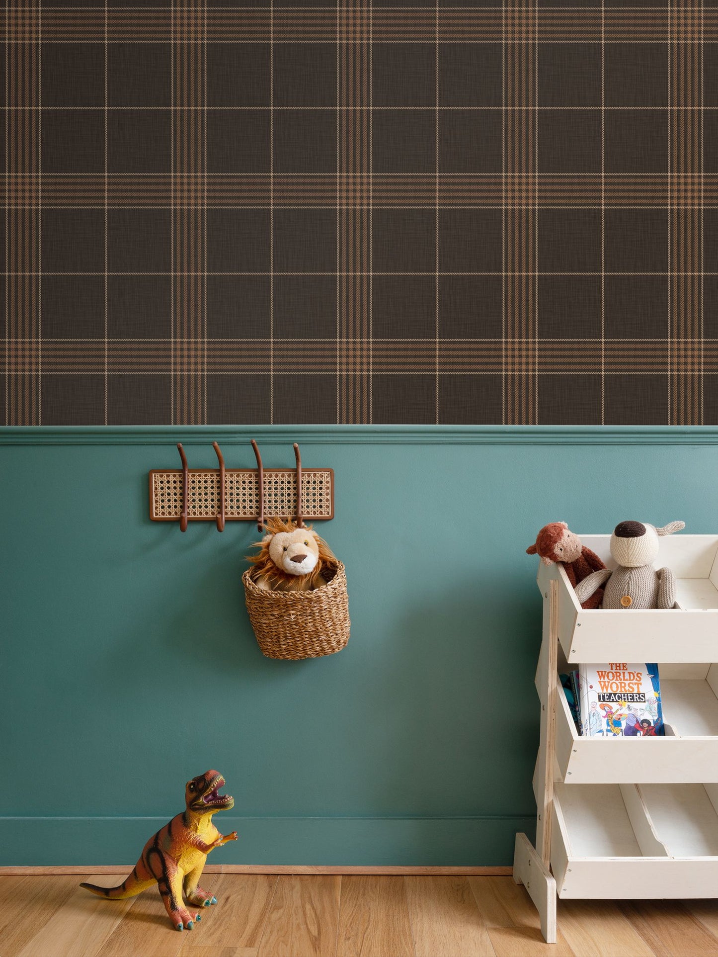 Wallpaper – Hollis Tartan Plaid in Espresso Brown and Gold