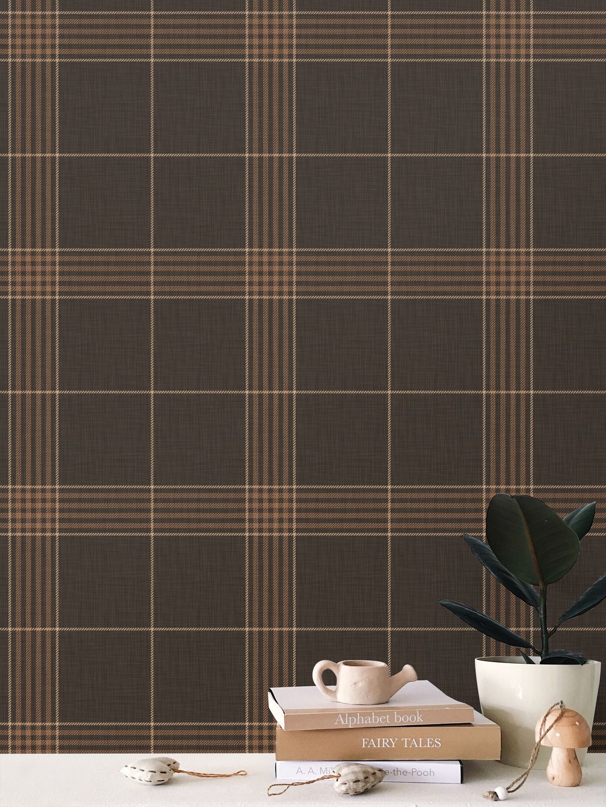 Wallpaper – Hollis Tartan Plaid in Espresso Brown and Gold