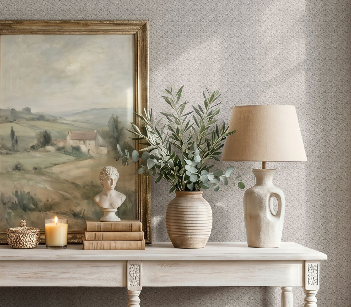 Wallpaper – Louisa Block Print Palmette Stone